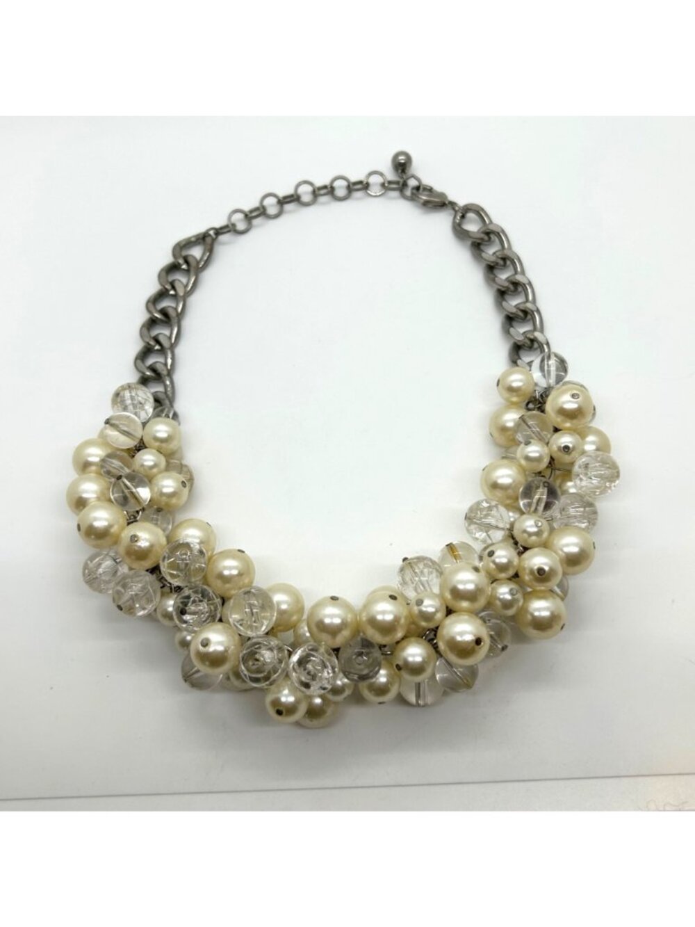Faux Pearl & Clear Crystal Necklace Chunky Statement Bib Silver-Tone Adjustable - Picture 11 of 15